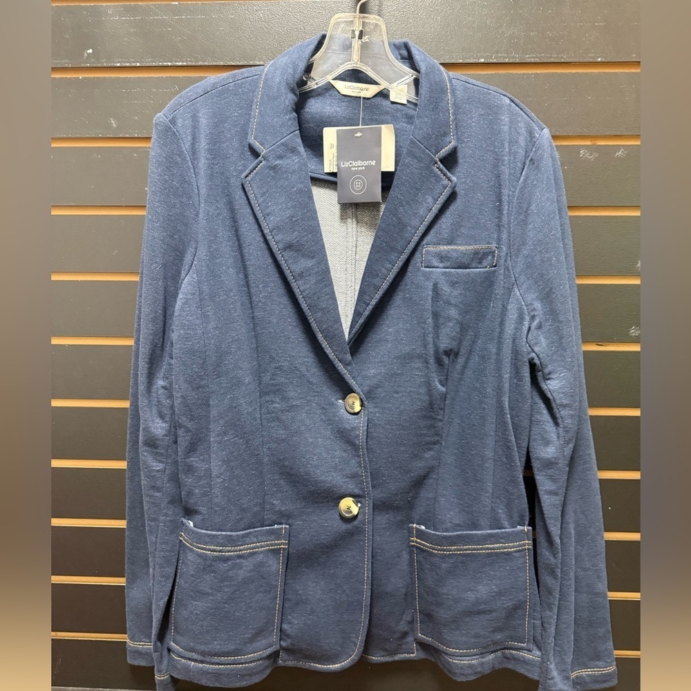 NWT Liz Claiborne Stretch Blue Knit Blazer Jacket L